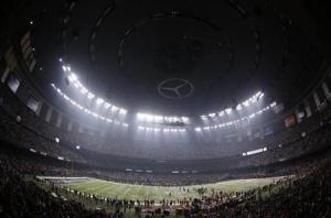 The Superdome is darkened during a power outage in the NFL Super Bowl XLVII football game in New Orleans